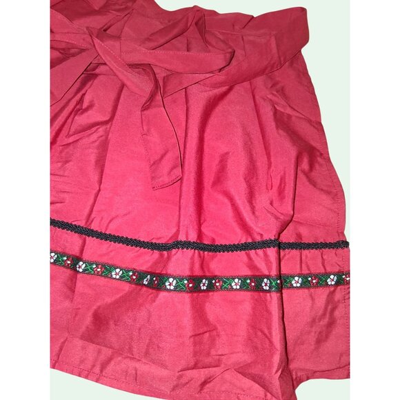 Red Waist Apron With Embroidered Floral Trim & Ties - Picture 2 of 9